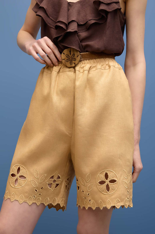 Shorts Elastico Bordado Areia