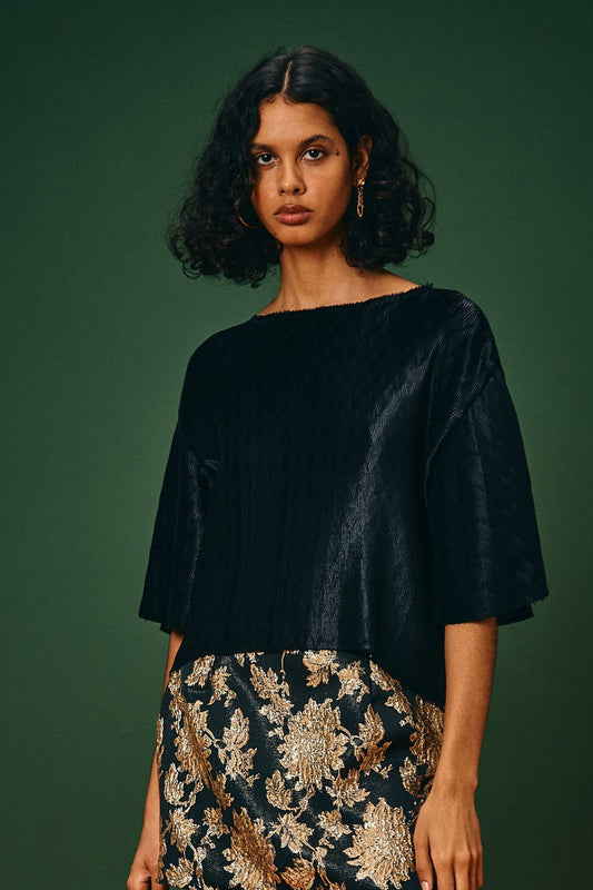 Blusa Manga Curta Plissada Candeias