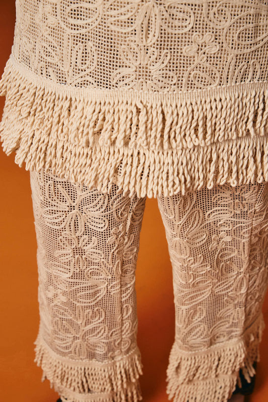 Calça Tela Bordada Com Franja Acari
