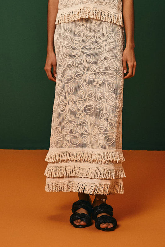 Saia Longa Tela Bordada Com Franja Acari