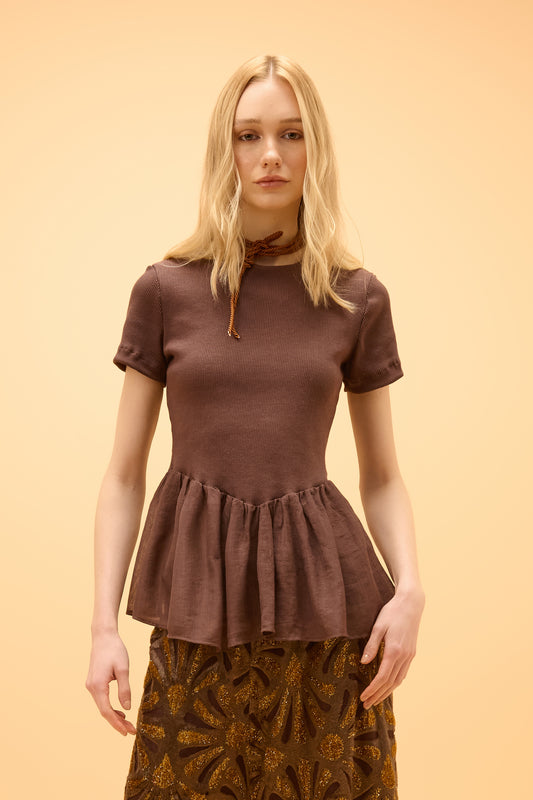 Blusa Canelada Babado Chiffon Veraneio