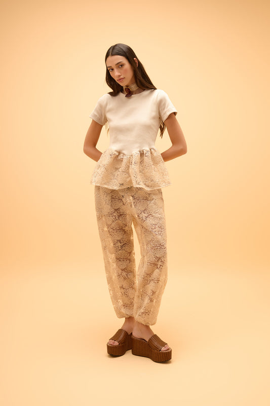 Calça Ampla com Sobreposção Conchas