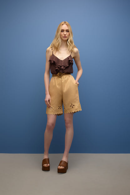 Shorts Elastico Bordado Areia