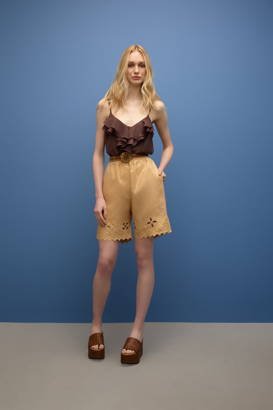 Shorts Elastico Bordado Areia