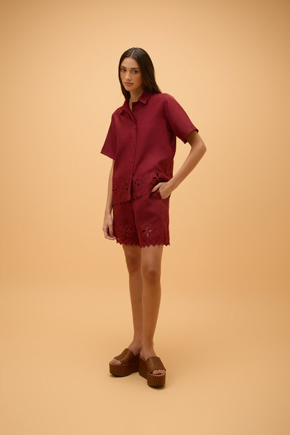 Camisa Manga Curta Bordado Areia