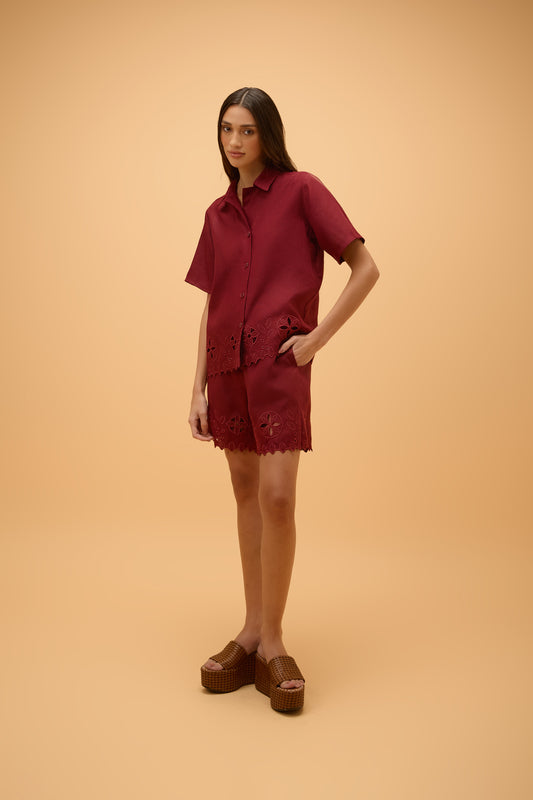 Camisa Manga Curta Bordado Areia