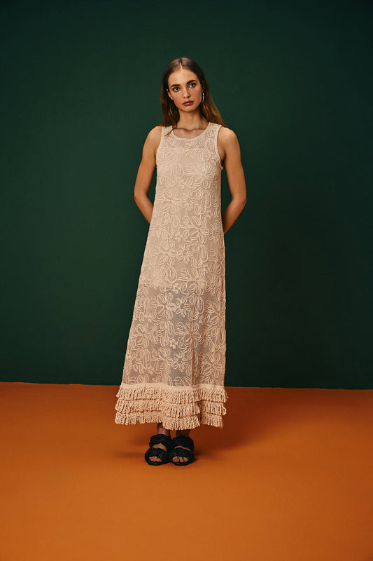 Vestido Longo Tela Bordada Franja Acari