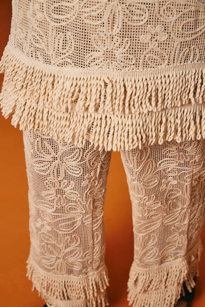 Calça Tela Bordada Com Franja Acari