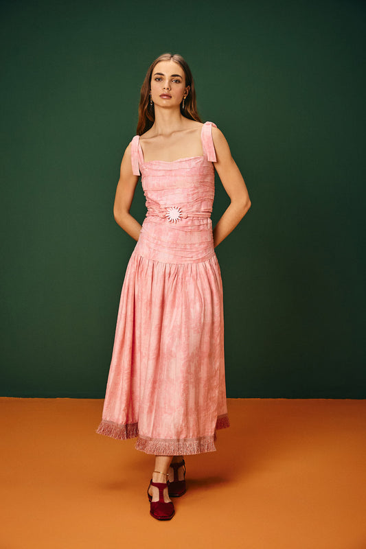 Vestido Longo Drapeado Franja Timbaúba