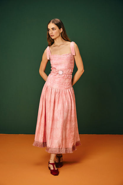 Vestido Longo Drapeado Franja Timbaúba